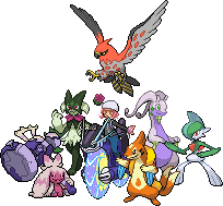 sprite of a customized scarlet/violet male protagonist riding a miraidon alongside a gallade, meowscarada, goodra, tinkaton, floatzel, and talonflame